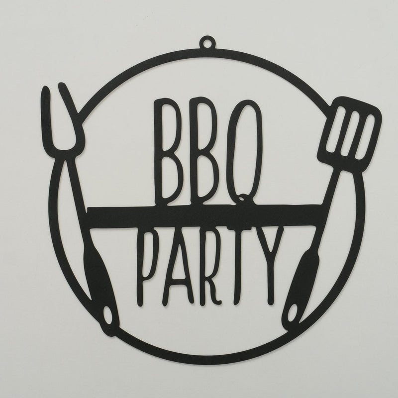 Großes ausgestanztes Griller Wandrelief Metallschild, Modell: BBQ PARTY, Maße 41 x 41 cm, schwarz matt, Schrift und Werkzeug im Look Cut Out, perfekte Geschenkidee