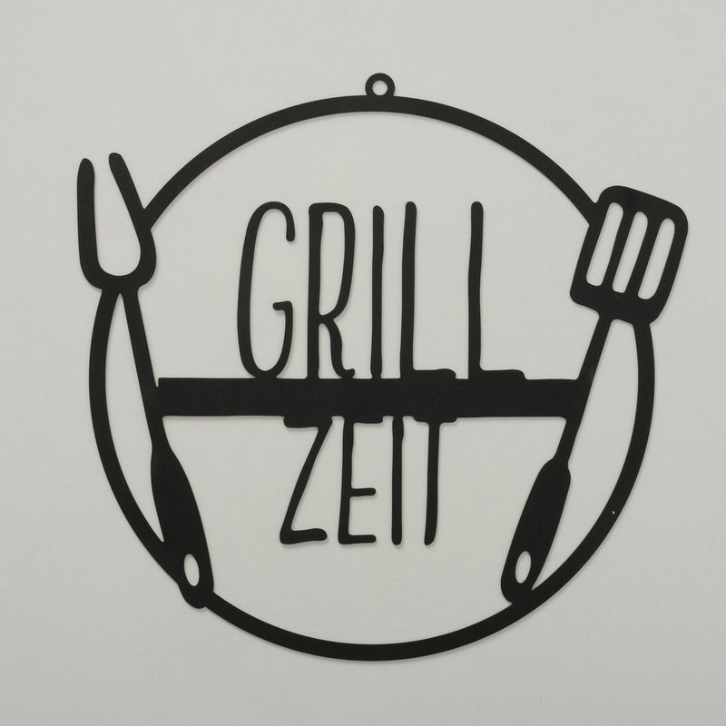 Großes ausgestanztes Griller Wandrelief Metallschild, Modell: GRILL ZEIT, Maße 41 x 41 cm, schwarz matt, Schrift und Werkzeug im Look Cut Out, perfekte Geschenkidee