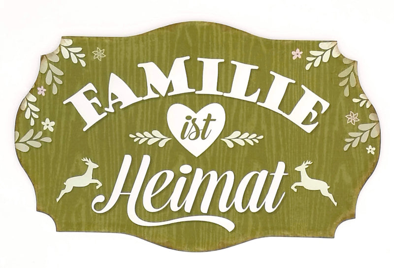 Vintage Retro Blechschild Land Stil, Modell: FAMILIE IST HEIMAT, Material Metall , Maße 31 x 19 cm, grün, ideal für Garten, Terrasse, Bar, Cafe, Cafeteria oder einfach Zuhause.