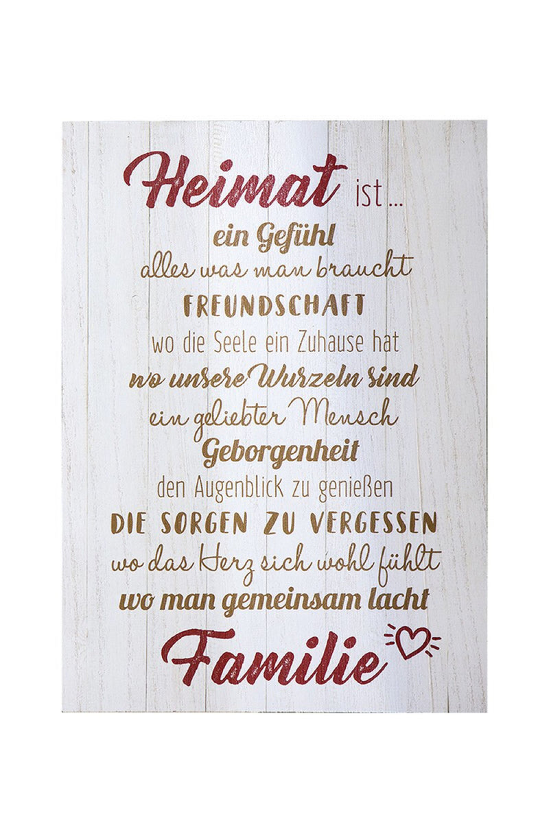 Holzschild in Groß, Vintage Stil mit Sprüchen oder Weisheit, Modell HEIMAT IST..., Maße 50 x 36 cm, weiß, Wandbild ziert Heim und Haus, ideale Geschenkidee