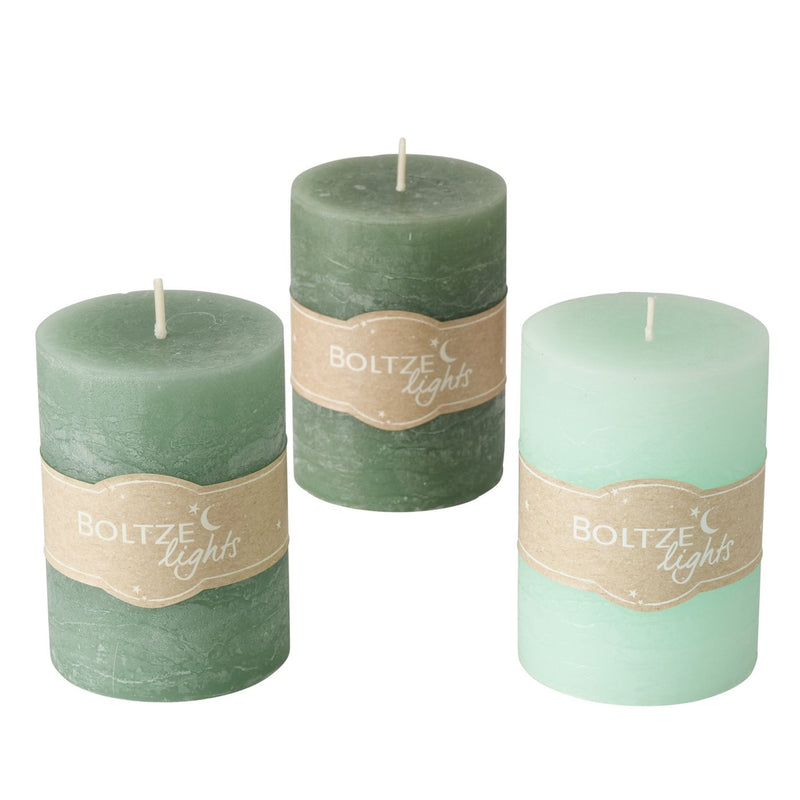 3er Set  Stumpen Kerzenset " Boltze light " in GRÜN, toller Vintage Landhausstil, 7 cm Durchmesser, Höhe 10 cm, handgearbeitet, 45 Std. Brennzeit, Hoher Neidfaktor