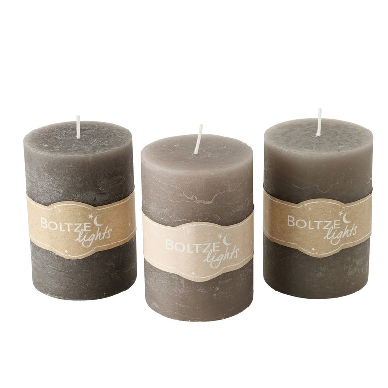 3er Set  Stumpen Kerzenset " Boltze light " in Braun Taupe Grau, 7 cm Durchmesser, Höhe 10 cm, handgearbeitet, 45 Std. Brennzeit