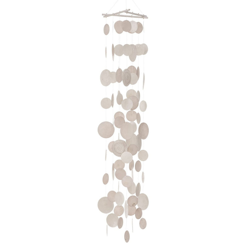 Tolles Muschel Windspiel Capiz aus hochwertigem Perlmutt. Modell : ESTANY Rund, 100 cm Länge und 21 cm Durchmesser, Design in natur weiß Farbtönen, Material Perlmutt