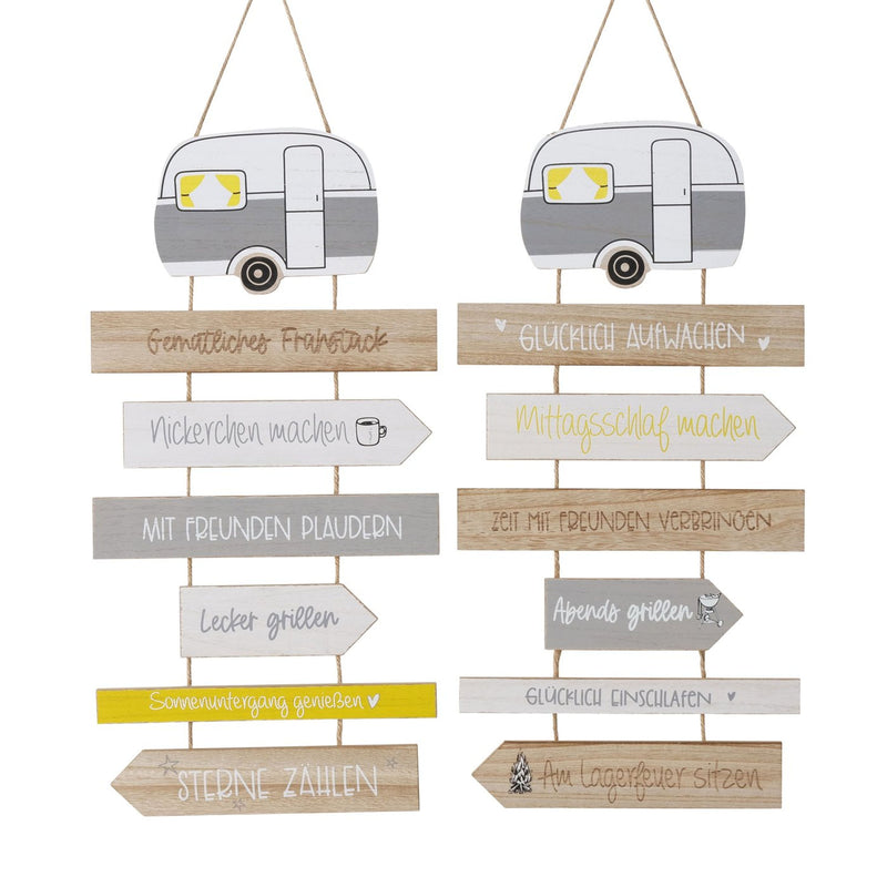 Landhaus Garten Holzplankenschild , Modell: CAMPING REGELN GLÜCKLICH AUFWACHEN , Material Holz mit Campingwagen, Maße 59 x 30 cm, Naturband, ideal für Garten, Terrasse