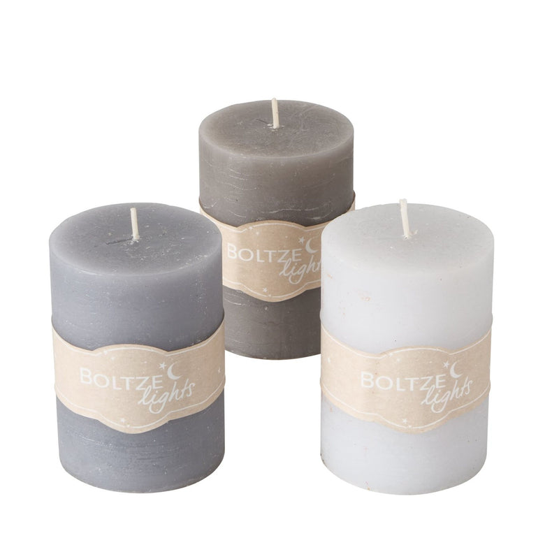 3er Set  Stumpen Kerzenset " Boltze light " in GRAU, toller Vintage Landhausstil, 7 cm Durchmesser, Höhe 10 cm, handgearbeitet, 45 Std. Brennzeit, Hoher Neidfaktor