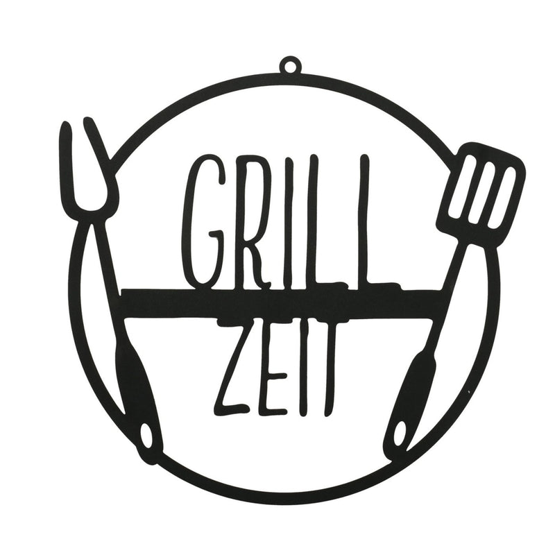 Großes ausgestanztes Griller Wandrelief Metallschild, Modell: GRILL ZEIT, Maße 41 x 41 cm, schwarz matt, Schrift und Werkzeug im Look Cut Out, perfekte Geschenkidee