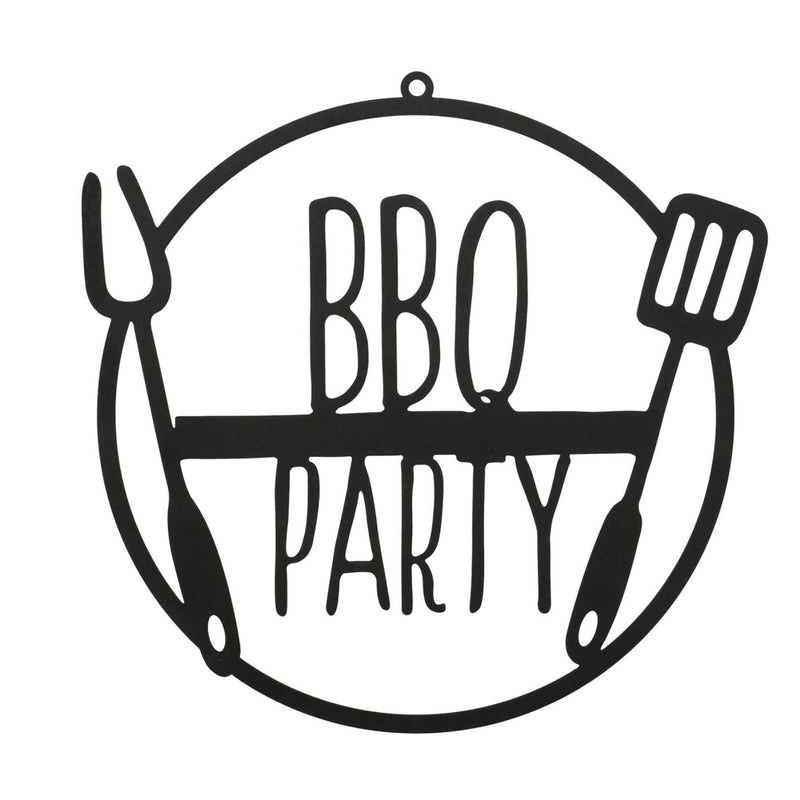 Großes ausgestanztes Griller Wandrelief Metallschild, Modell: BBQ PARTY, Maße 41 x 41 cm, schwarz matt, Schrift und Werkzeug im Look Cut Out, perfekte Geschenkidee