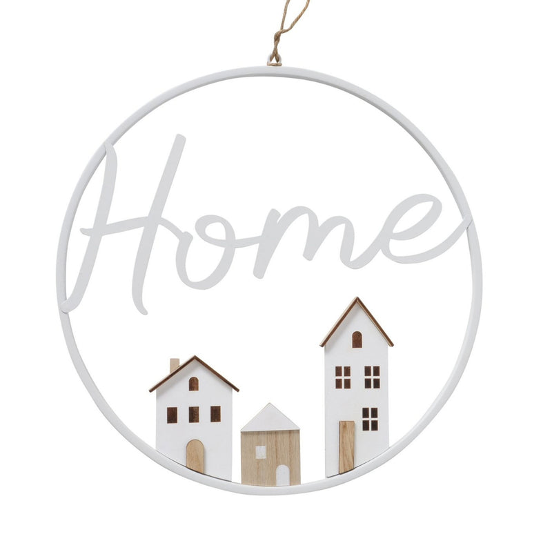 Tolles ausgestanztes HOME Wandrelief Metallschild, Modell: RUMBA weiß, Maße 37 x 37 cm, weiß lackiert, Schrift und Häuser im Look Cut Out, perfekte Geschenkidee