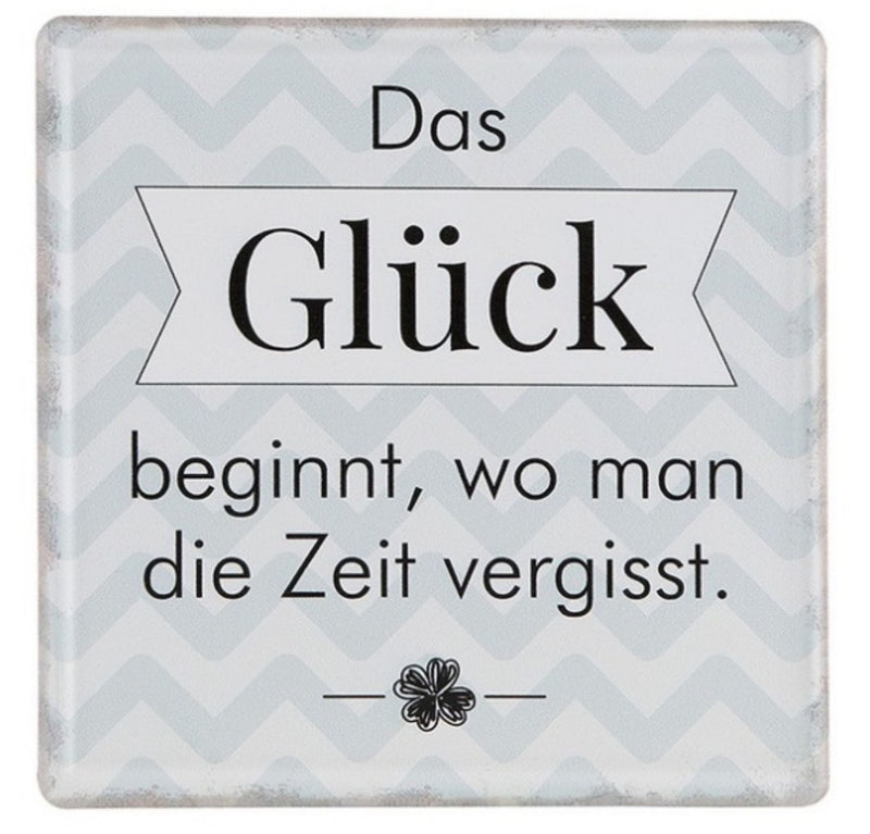 Tolles Metallschild , Modell Glück beginnt da..., Material Metall , Maße 19 x 19 cm, weiß graublau, ideal für Küche, Flur, Cafe, Cafeteria oder einfach Zuhause.