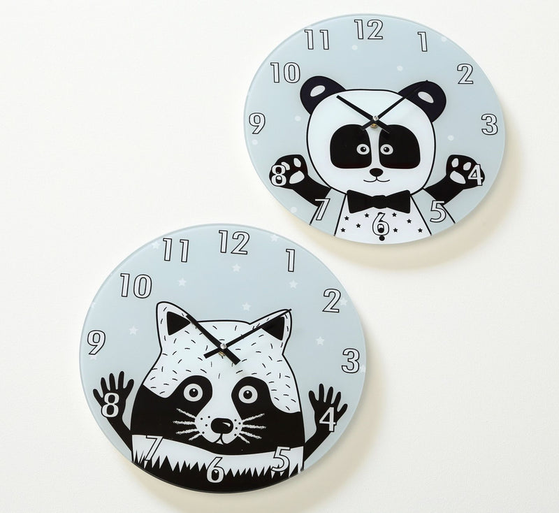 Trendige Kinder Wanduhr mit tollem bedrucktem Glas. Modell " HAMSTER ". Glas lackiert, Farben grau blau. Cooler Look. Durchmesser 34 cm, 4 cm Tiefe, leises Uhrwerk