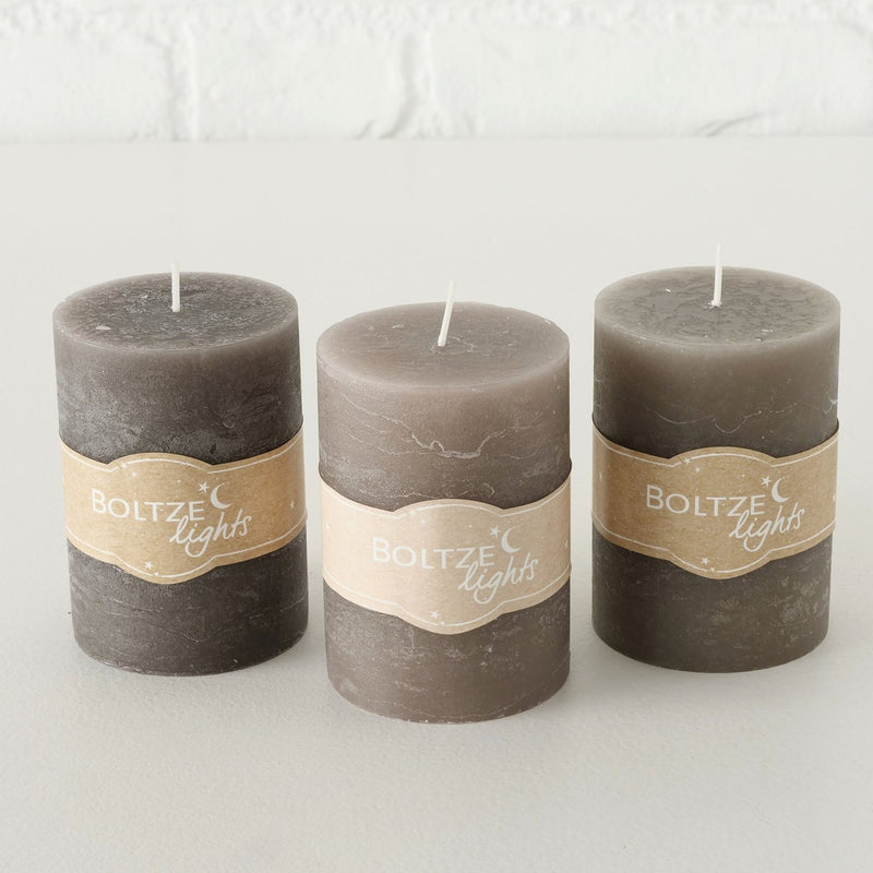 3er Set  Stumpen Kerzenset " Boltze light " in Braun Taupe Grau, 7 cm Durchmesser, Höhe 10 cm, handgearbeitet, 45 Std. Brennzeit