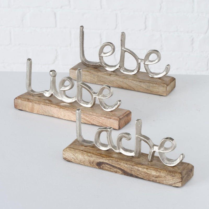 3er Set Aufsteller, top angesagt, Modelle: LEBE, LIEBE, LACHE. Sockel aus Mango Holz, Schriften aus Aluminium, Maße je Stück 23 x 12 x 5 cm