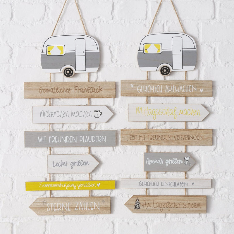 Landhaus Garten Holzplankenschild , Modell: CAMPING REGELN GLÜCKLICH AUFWACHEN , Material Holz mit Campingwagen, Maße 59 x 30 cm, Naturband, ideal für Garten, Terrasse