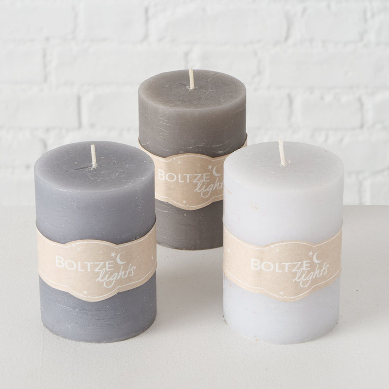 3er Set  Stumpen Kerzenset " Boltze light " in GRAU, toller Vintage Landhausstil, 7 cm Durchmesser, Höhe 10 cm, handgearbeitet, 45 Std. Brennzeit, Hoher Neidfaktor