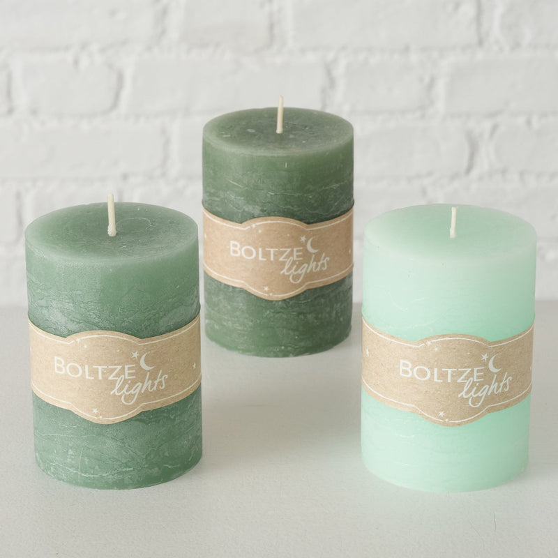 3er Set  Stumpen Kerzenset " Boltze light " in GRÜN, toller Vintage Landhausstil, 7 cm Durchmesser, Höhe 10 cm, handgearbeitet, 45 Std. Brennzeit, Hoher Neidfaktor