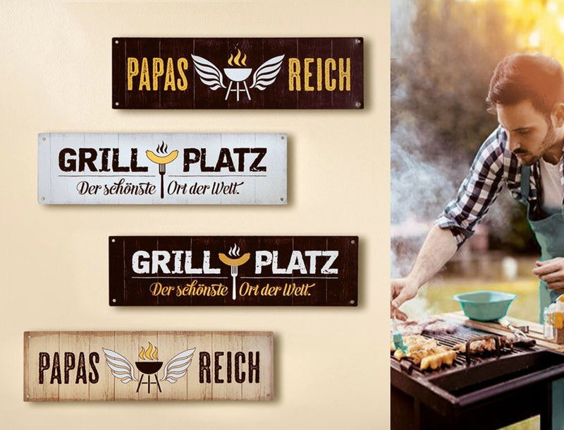 Vintage Retro Blechschild Holzlook Stil, Modell: Papas Reich, Material Metall , Maße 31 x 9 cm, dunkelgrau, ideal für Garten, Terrasse, Bar, Cafe, Cafeteria oder einfach Zuhause.