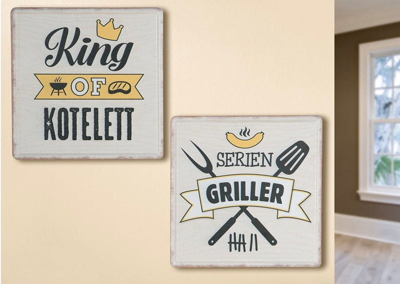 Vintage Retro Blechschild Holzlook Stil, Modell: King of Kotelett , Material Metall , Maße 19 x 19 cm, weiß, ideal für Garten, Terrasse, Bar, Cafe, Cafeteria oder einfach Zuhause.