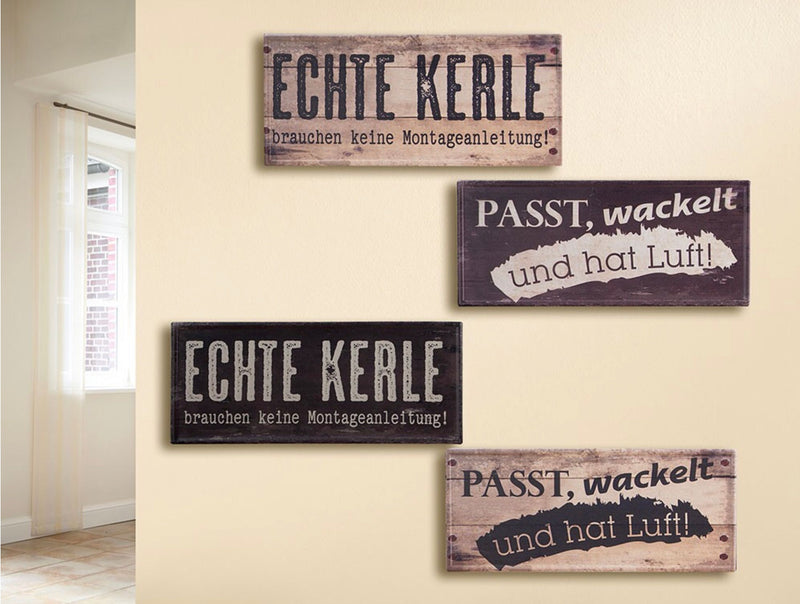 Vintage Retro Blechschild, Modell Passt wackelt... , Material Metall , Maße 35 x 15 cm, braun, Holzlook Hintergrund, ideal für Garage, Garten, Terrasse, oder einfach Zuhause.