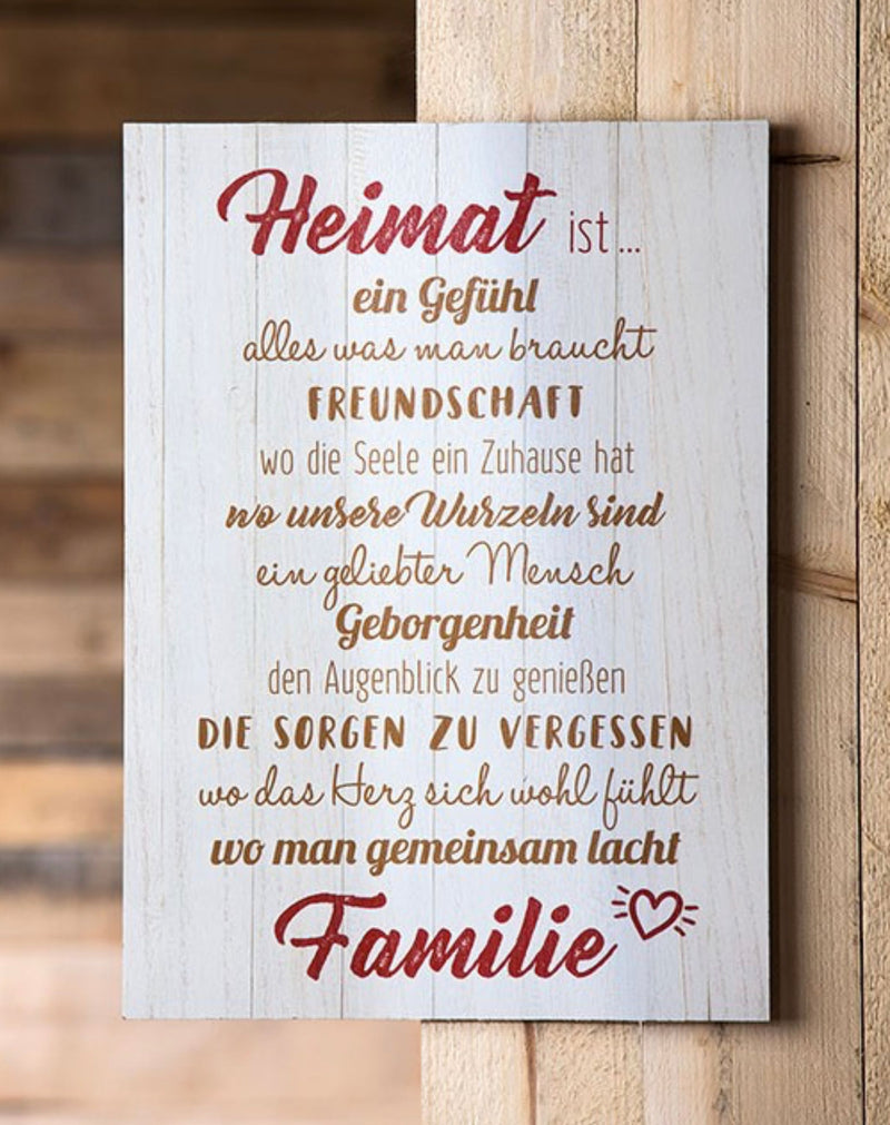 Holzschild in Groß, Vintage Stil mit Sprüchen oder Weisheit, Modell HEIMAT IST..., Maße 50 x 36 cm, weiß, Wandbild ziert Heim und Haus, ideale Geschenkidee