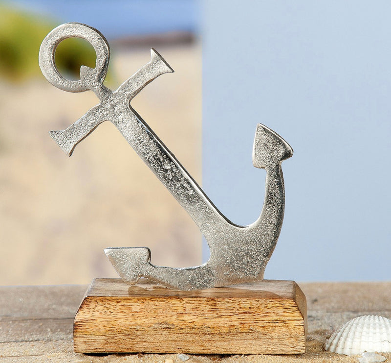 Edler maritimer Aufsteller, Mango-Holz und brüniertes Aluminium,  Modell: Anker, Maße 16 x 11 x 5 cm, Farbe Natur und Aluminium