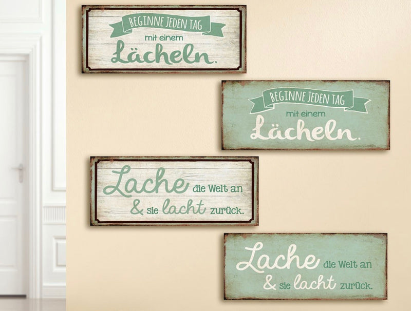 Vintage Retro Dekoschild, Material Metall , Maße 21 x 10 cm , Weisheit für Zuhause und Garten, Spruch: LACHE DIE WELT AN & SIE LACHT ZURÜCK, tolle Geschenkidee