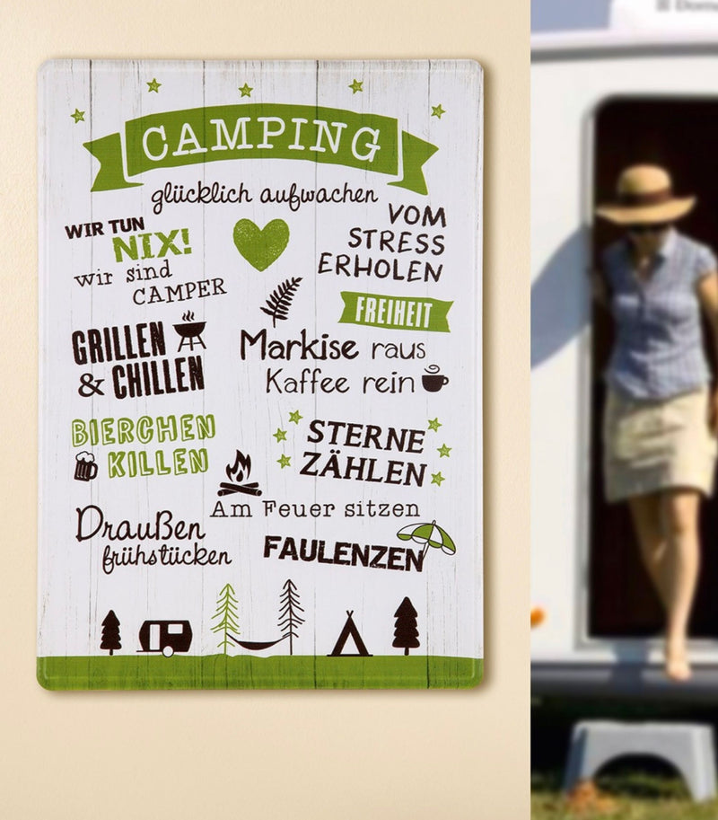 Großes tolles Camper Metallschild, Modell: CAMPING SPRÜCHE , Maße 42 x 30 cm, weiß  , ideal für Camper, Zelter, Caravaner, Wohnmobilisten, oder einfach Zuhause.