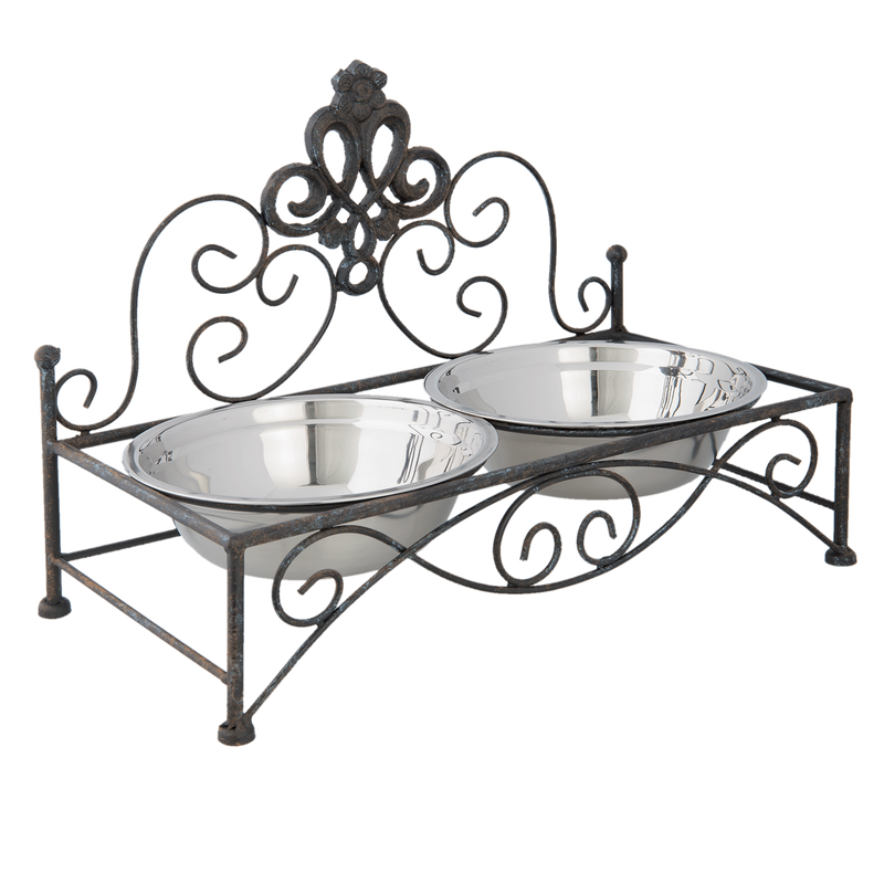 Tolle Futterschalen, Doppel Hundefressnapf aus Eisen, Modell "LANDSITZ", zwei Edelstahl Näpfe, Eisengestell mit Verzierungen, ideal für drinnen und draußen