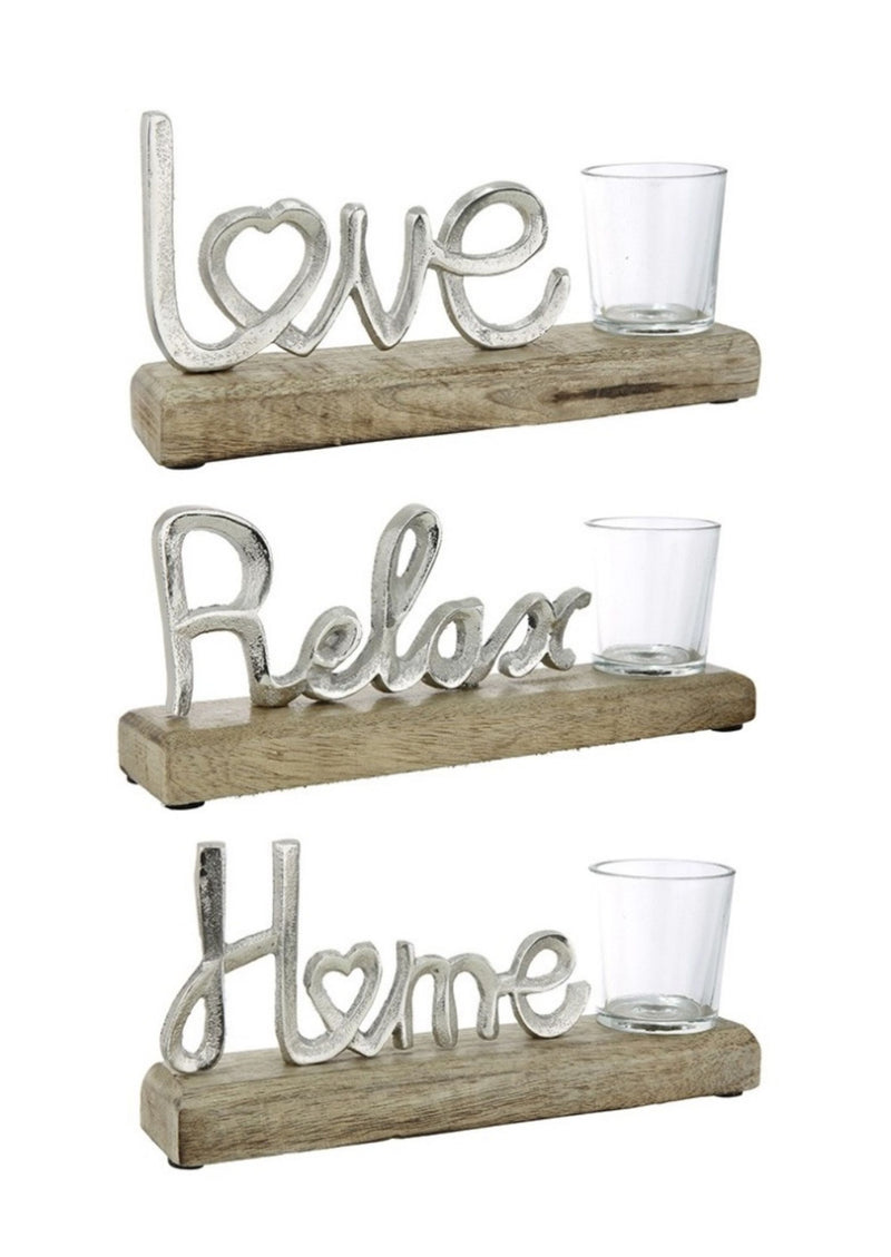 Edler Schriftzug mit Teelichthalter auf Holz in brüniertem Aluminium als Aufsteller, Modell: Love , Maße 22,5 x 12 x 4 cm