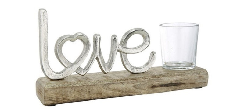 Edler Schriftzug mit Teelichthalter auf Holz in brüniertem Aluminium als Aufsteller, Modell: Love , Maße 22,5 x 12 x 4 cm