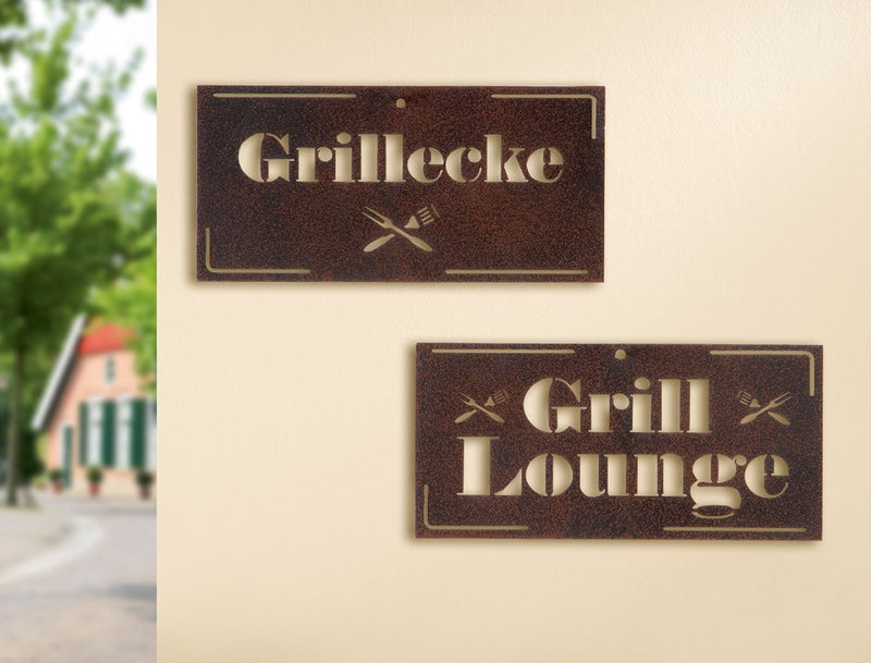 Tolles ausgestanztes Wandrelief als Metallschild, Modell: GRILL LOUNGE , Maße 25 x 12 cm, braun , ideal für Grillmeister oder solche die es werden wollen