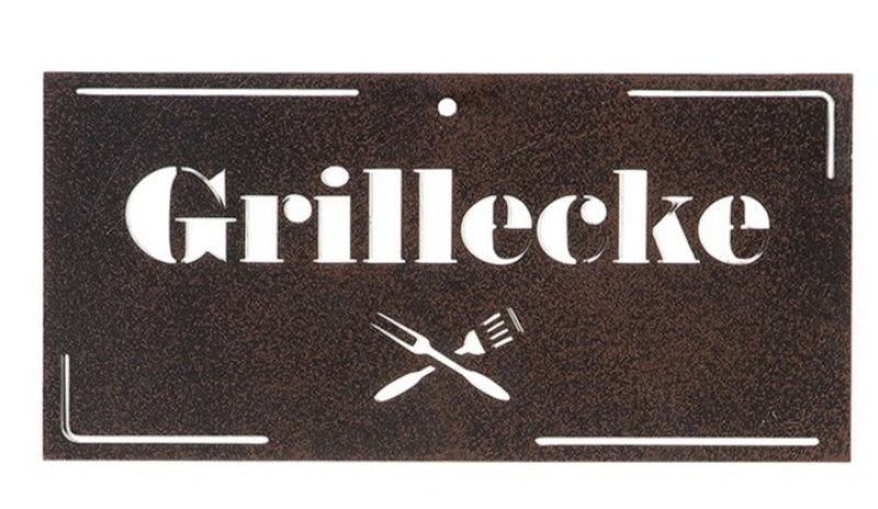 Tolles ausgestanztes Griller Wandrelief Metallschild, Modell: GRILLECKE , Maße 25 x 12 cm, braun  , ideal für Grillmeister oder solche die es werden wollen, perfekte Geschenkidee oder Mitbringsel