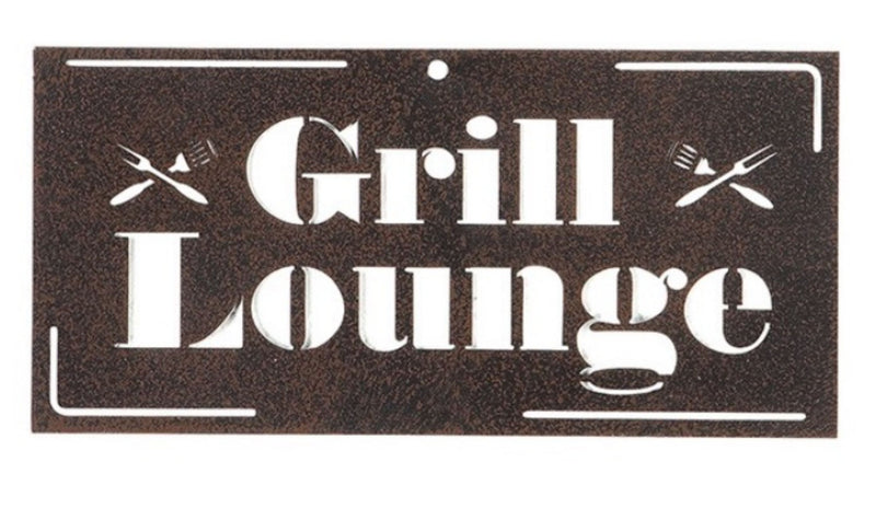 Tolles ausgestanztes Wandrelief als Metallschild, Modell: GRILL LOUNGE , Maße 25 x 12 cm, braun , ideal für Grillmeister oder solche die es werden wollen