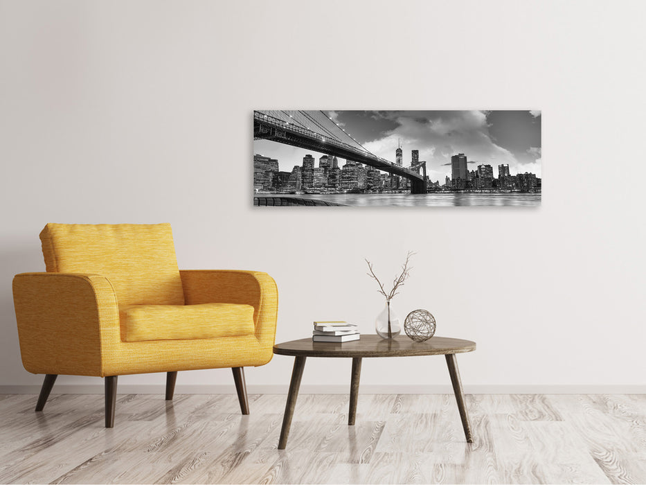 Leinwandbild Panorama Skyline Schwarzweissfotografie Brooklyn Bridge NY