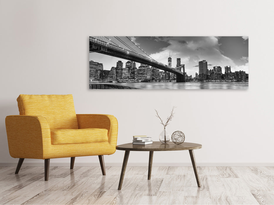 Leinwandbild Panorama Skyline Schwarzweissfotografie Brooklyn Bridge NY