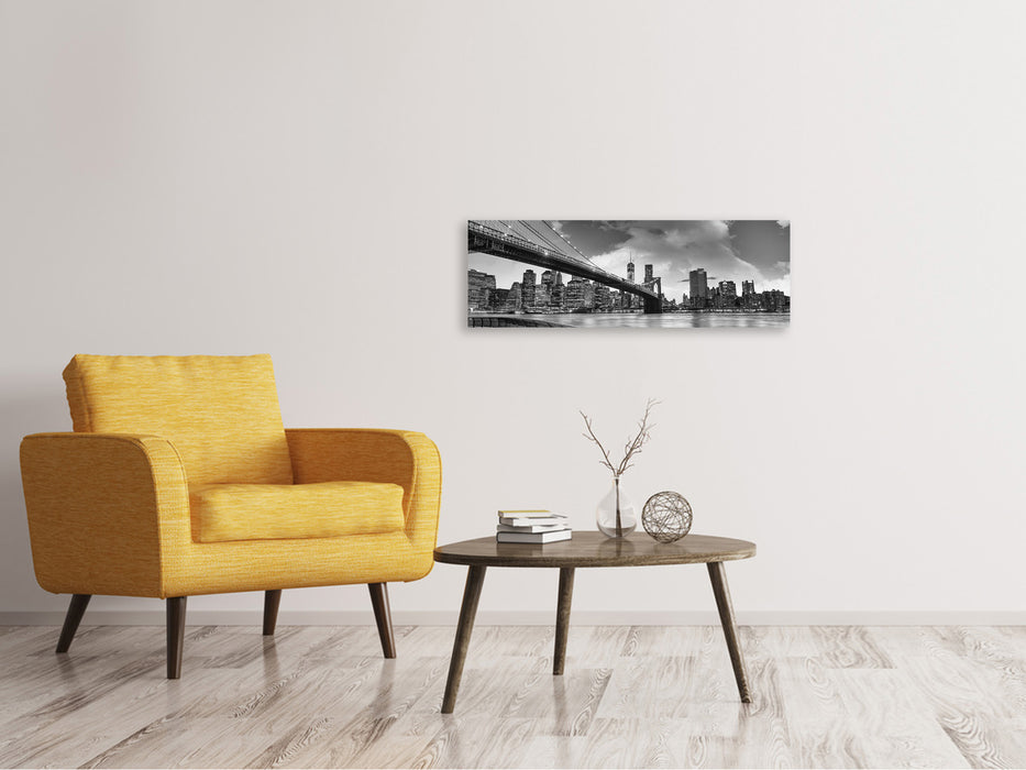 Leinwandbild Panorama Skyline Schwarzweissfotografie Brooklyn Bridge NY