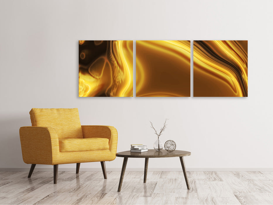 Panoramic 3-Piece Canvas Picture Abstract Liquid Gold