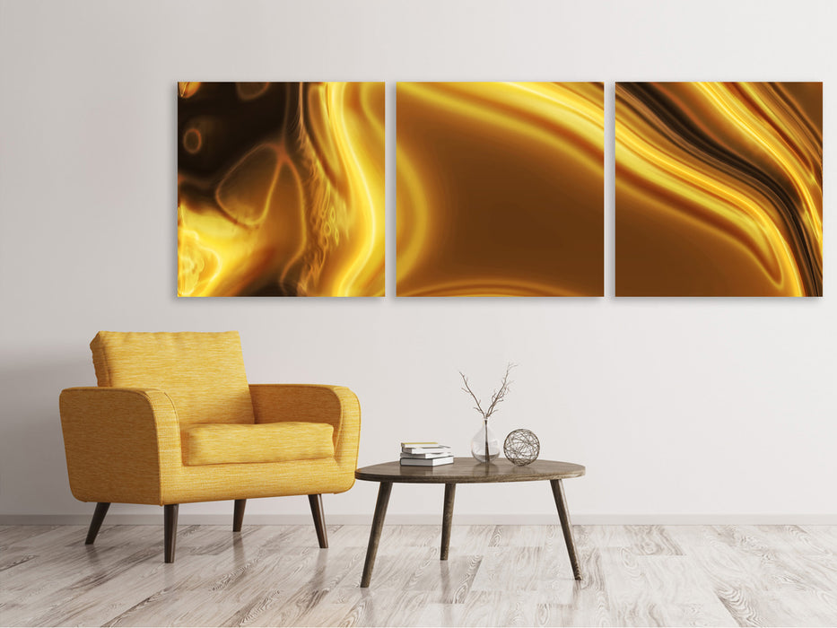 Panoramic 3-Piece Canvas Picture Abstract Liquid Gold