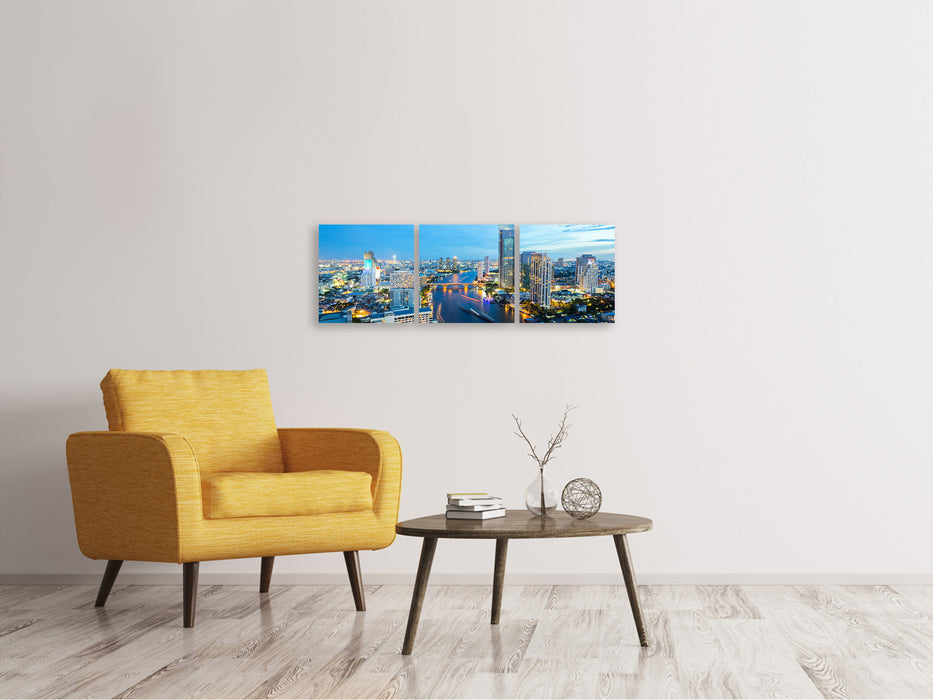 Panoramic 3-piece canvas picture Skyline Bangkok at dusk