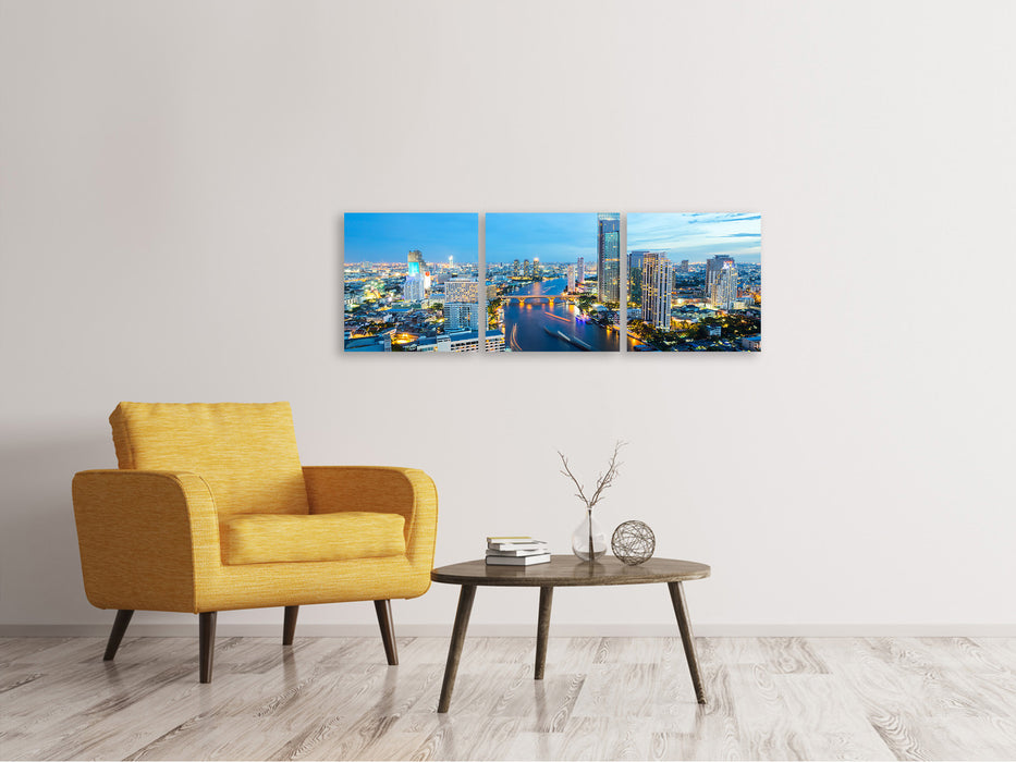 Panoramic 3-piece canvas picture Skyline Bangkok at dusk