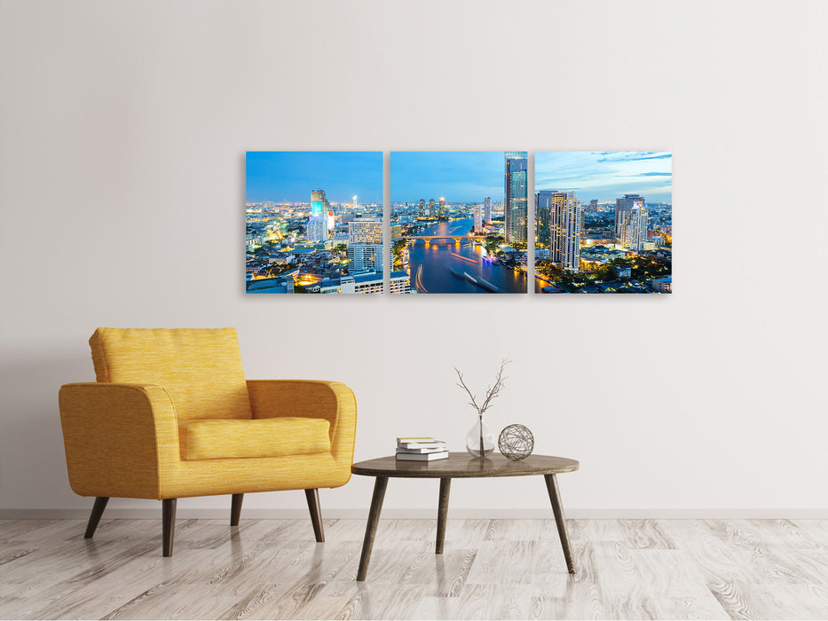 Panoramic 3-piece canvas picture Skyline Bangkok at dusk