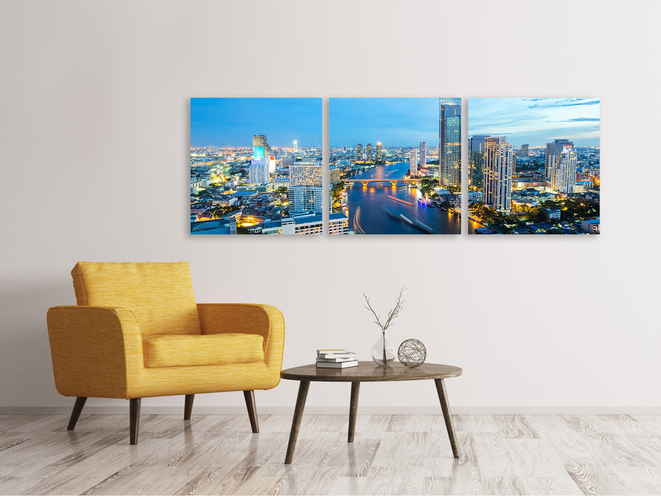 Panoramic 3-piece canvas picture Skyline Bangkok at dusk