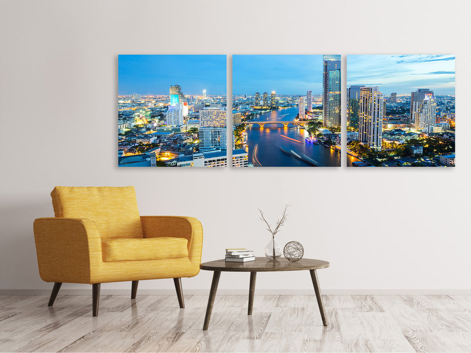 Panoramic 3-piece canvas picture Skyline Bangkok at dusk