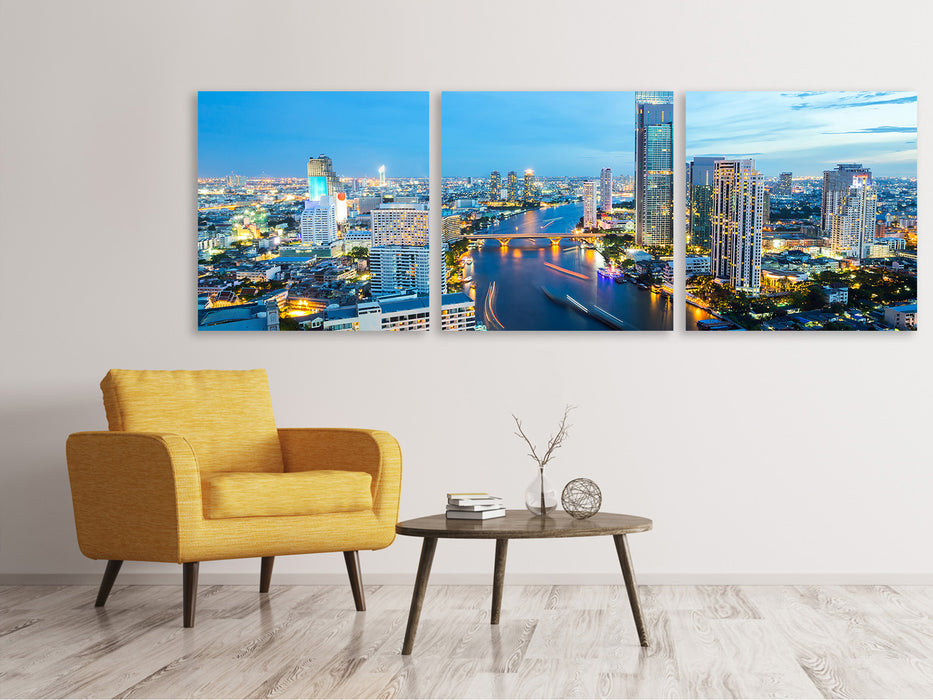 Panoramic 3-piece canvas picture Skyline Bangkok at dusk