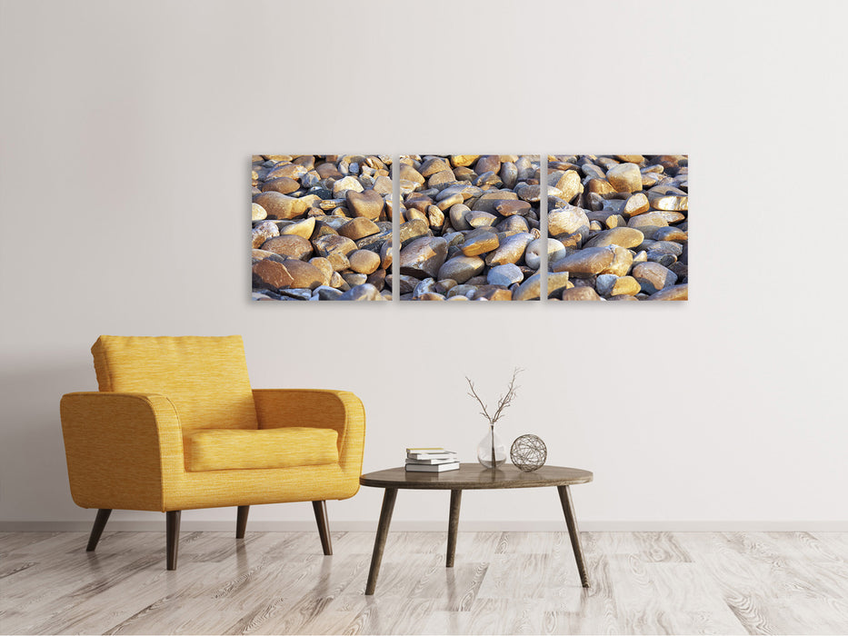 Panoramic 3-piece canvas picture beach stones