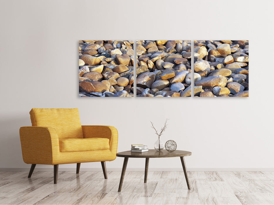 Panoramic 3-piece canvas picture beach stones