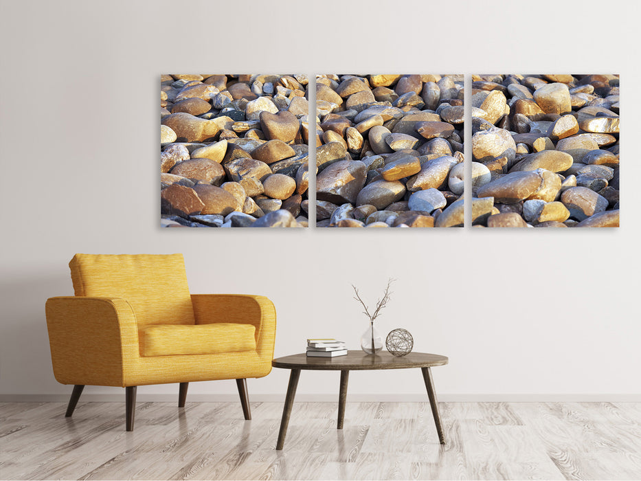 Panoramic 3-piece canvas picture beach stones