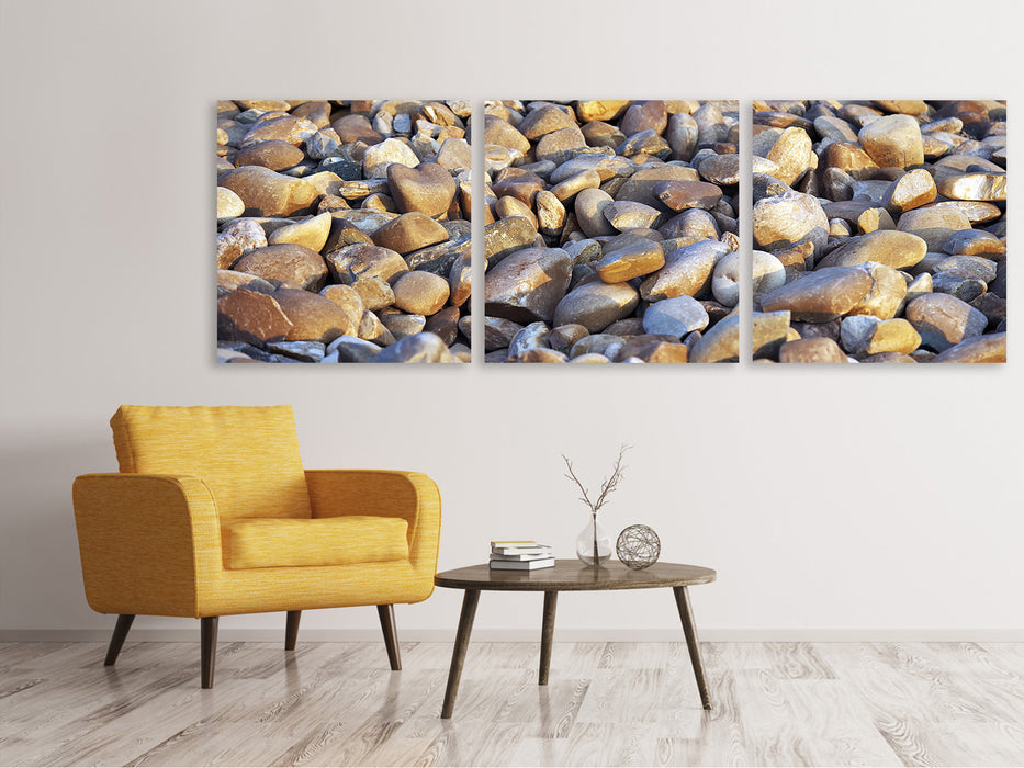 Panoramic 3-piece canvas picture beach stones