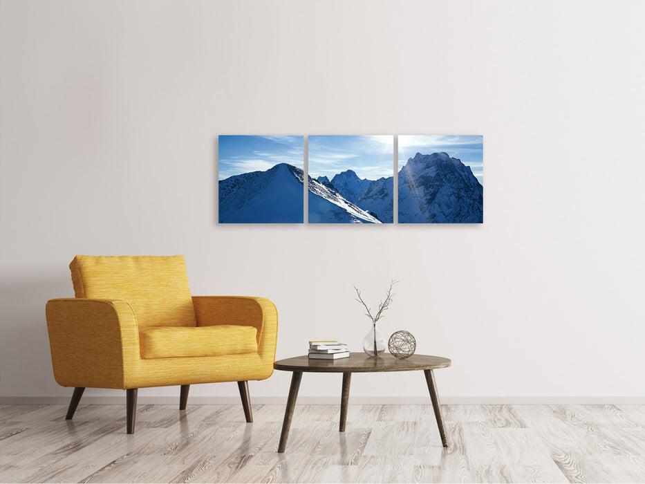 Panoramic 3-piece canvas picture The mountain in the snow