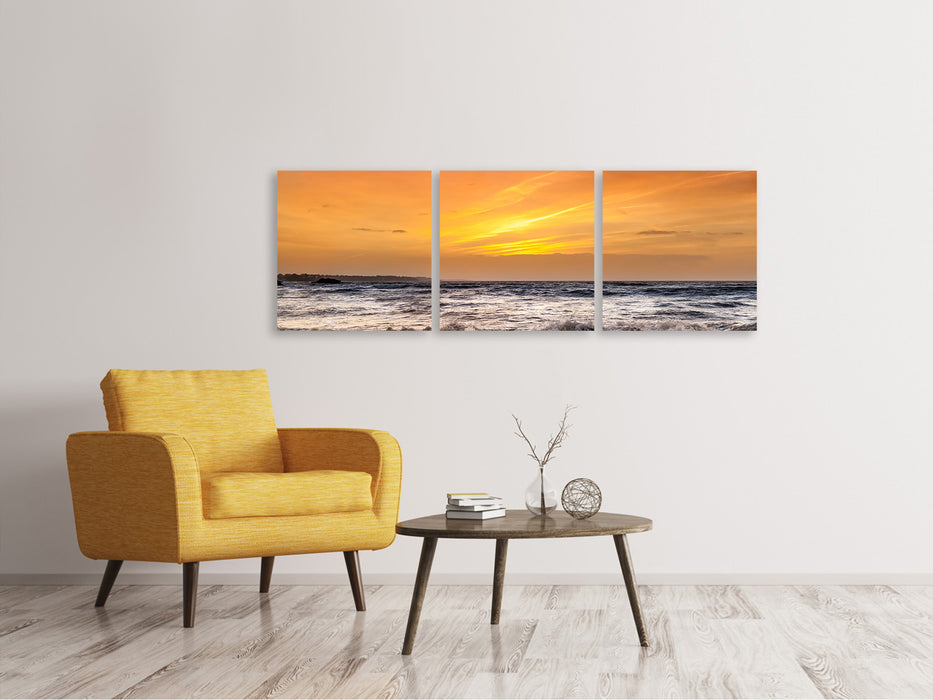 Panoramic 3-piece canvas picture lake with sunset