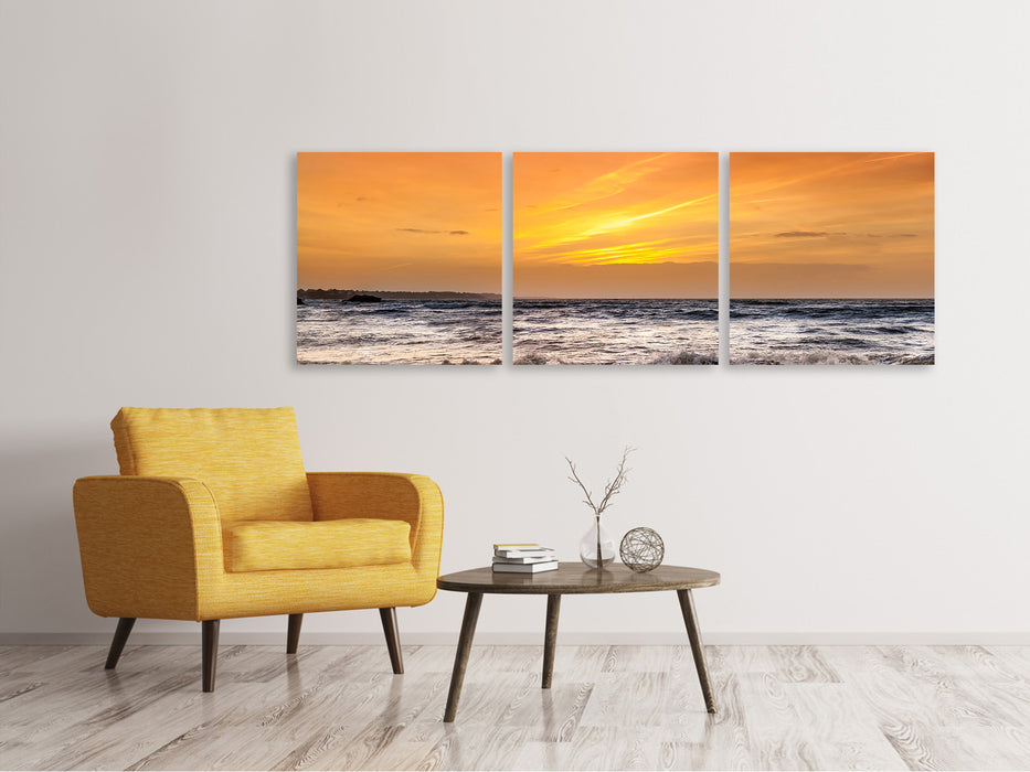 Panoramic 3-piece canvas picture lake with sunset